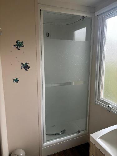 La salle de bains est pourvue d'une douche en verre et d'une fenêtre. dans l'établissement MOBILE HOME 6 PERSONNES, à Port-la-Nouvelle