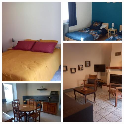 quatre photos différentes d'une chambre et d'un salon dans l'établissement Gites du Château de Lestang, à Auzits