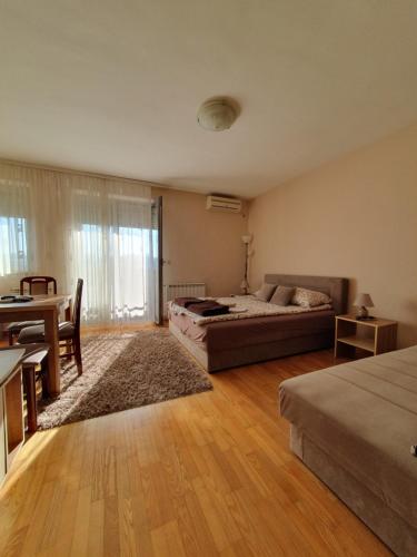 ein Schlafzimmer mit einem Bett, einem Tisch und einem Sofa in der Unterkunft Apartmani Kesten in Vrnjačka Banja