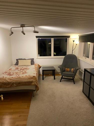 1 dormitorio con 1 cama, 1 silla y 1 ventana en Bedrooms for rent in a Villa Eurovisionsguests, en Staffanstorp