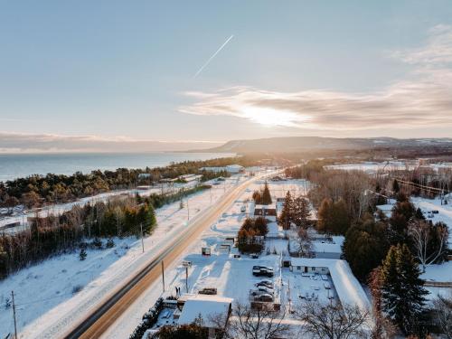 an aerial view of a road in the snow at Penny's Motel in Thornbury