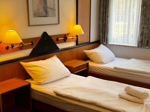 2 Betten in einem kleinen Zimmer mit 2 Lampen in der Unterkunft Hotel zur Eiche in Meerane