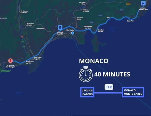 a map of monaco with the km radius at Orangers - Bord de mer-Studio cosy refait à neuf 4 personnes in Cagnes-sur-Mer