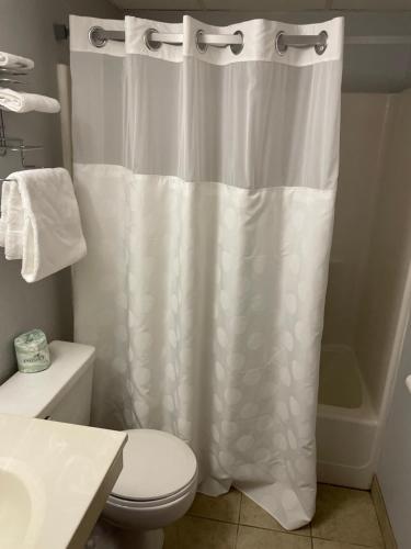 uma casa de banho com uma cortina de chuveiro branca e um WC. em Travelodge South Lincoln em Lincoln
