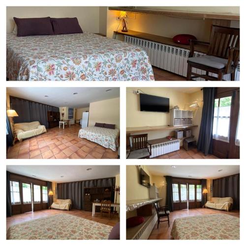 four pictures of a bedroom with a bed and a living room at Casa Rural Era de Ferro in Erill la Vall
