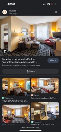 a website of a hotel room with a living room at TownePlace Suites Jacksonville Airport in Jacksonville