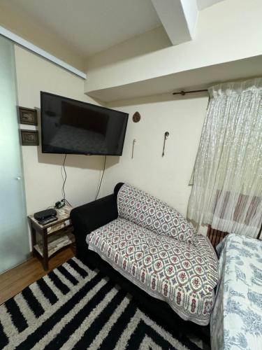 uma sala de estar com um sofá e uma televisão de ecrã plano em Hostel Tia Ana em São Paulo