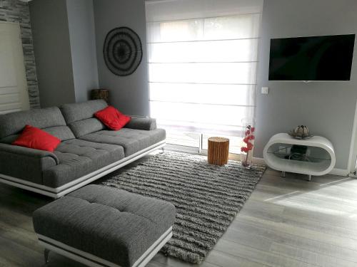 a living room with a couch and a tv at Maison de 3 chambres avec piscine privee jardin clos et wifi a Saint Gely du Fesc in Saint-Gély-du-Fesc