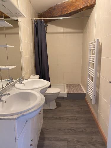 Chambres de la ferme du Brocey في Crolles: حمام مع مغسلتين ومرحاض