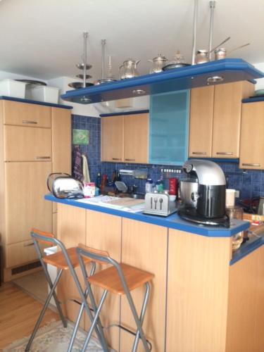 een keuken met een blauw aanrecht en 2 stoelen bij D&E Apartments in Wenen