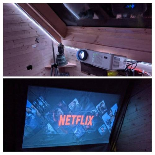 a tv in a room with a netflix sign on it at Stargazer tiny house in Palenville