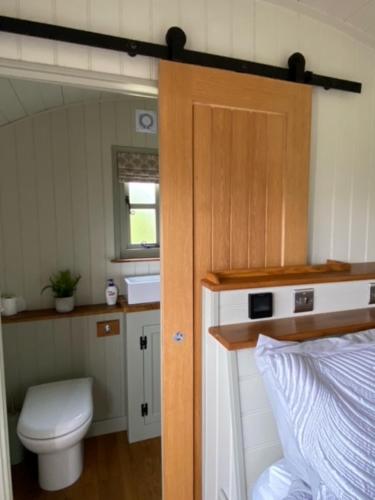 a small bathroom with a toilet and a sink at Woodpecker Shepherds Hut in Boston