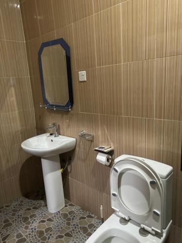 Bechem的住宿－JOSBA HOTEL，一间带水槽、卫生间和镜子的浴室