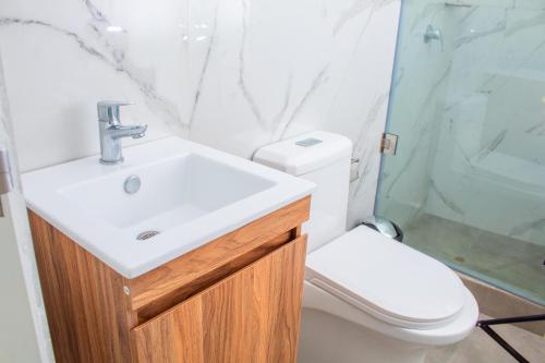 a bathroom with a sink and a toilet at Silver Inn Hotel in Cerro Azul