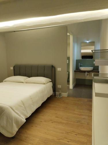 a bedroom with a large bed and a bathroom at Ciliegia di Lari - Attico in Lari