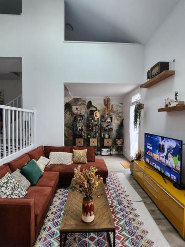 ein Wohnzimmer mit einem braunen Sofa und einem TV in der Unterkunft Maison loft avec jardin pour 6 voyageurs entre Paris et Disneyland in Torcy