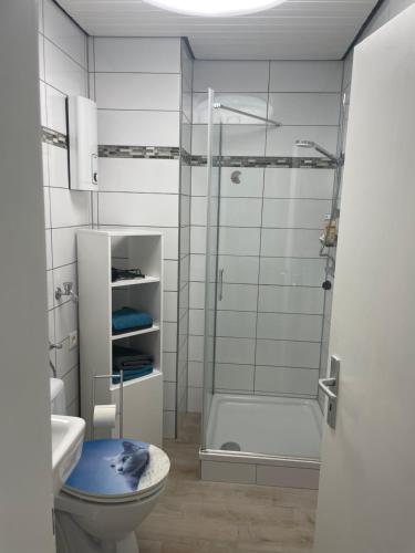 a bathroom with a shower and a toilet and a tub at Modern eingerichtete private Ferienwohnung in Hennef - Nähe zu Bonn und Köln in Altenbödingen