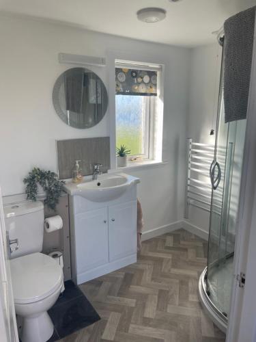uma casa de banho com um WC e um lavatório em Nether Onston Cottage em Stenness