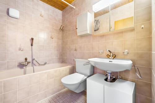 La salle de bains est pourvue de toilettes, d'un lavabo et d'une baignoire. dans l'établissement Duplex cosy aux bains de Saillon, à Saillon
