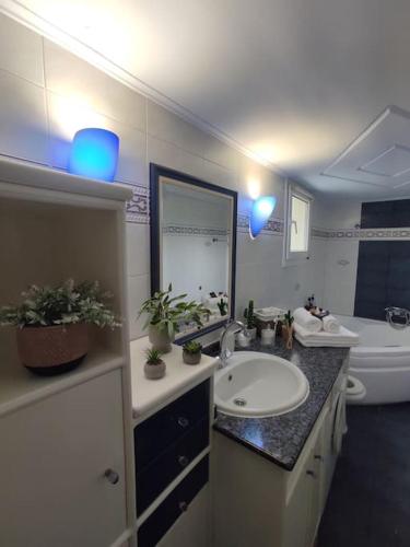 W łazience znajduje się umywalka, toaleta i lustro. w obiekcie Theros Seaside House - Volos w mieście Marathos