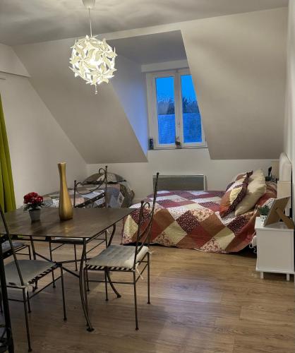 - une chambre avec une table, un lit et un lustre dans l'établissement Studio lumineux de 35m2 au cœur de Solesmes, à Solesmes