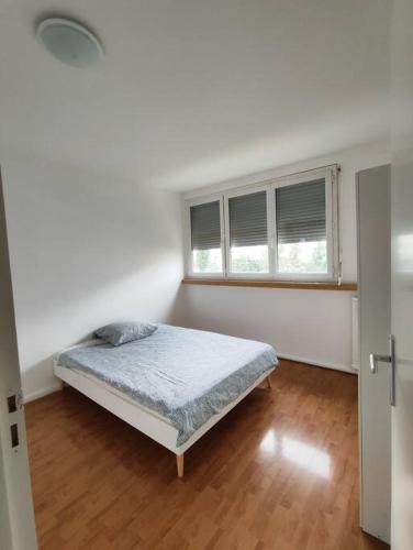 a white room with a bed and two windows at Grand F4 avec belle vue in Saint-Étienne