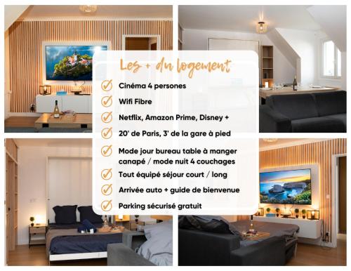 un collage de photos d'un salon avec un panneau dans l'établissement Le CinéRêve l 20' Paris l Netflix l Fibre l Parking, à Boissy-Saint-Léger