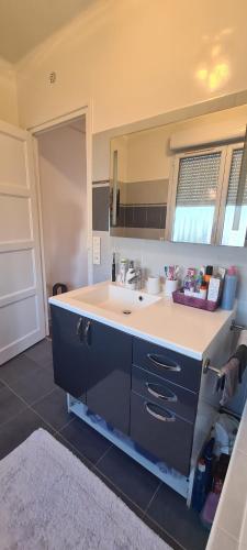 une salle de bain avec un lavabo et un miroir dans l'établissement Maison Familiale, à Sceaux