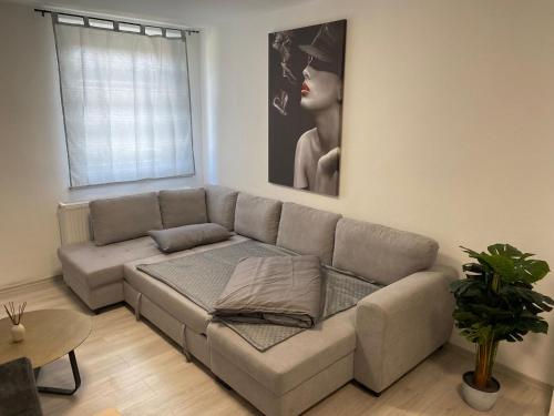 a living room with a couch and a picture of a woman at NES 1 - nähe Freiheitshalle Hof in Hof