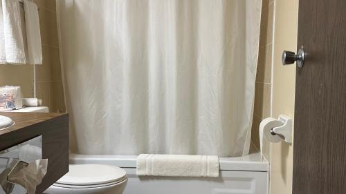 a bathroom with a shower curtain and a toilet at Lacombe Motor Inn in Lacombe