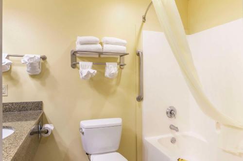 a bathroom with a toilet and a shower and towels at Best Western Plus Brunswick Inn & Suites in Brunswick