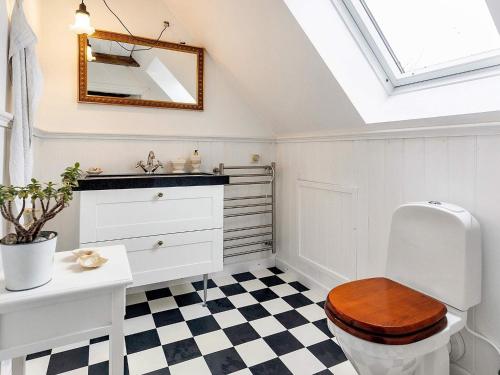 a bathroom with a toilet and a sink and a skylight at 6 person holiday home in Søby Ærø-By Traum in Havrekobbel
