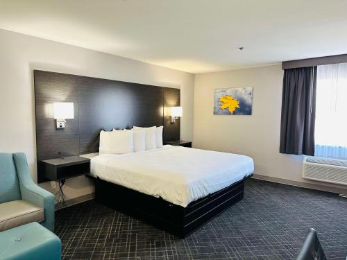 um quarto de hotel com uma cama grande e uma cadeira em SureStay Plus by Best Western St. James Donaldsonville em Donaldsonville