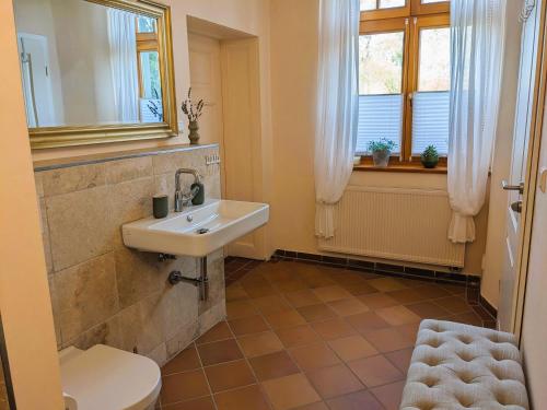 een badkamer met een wastafel, een toilet en een raam bij Ferienhaus Salvia 