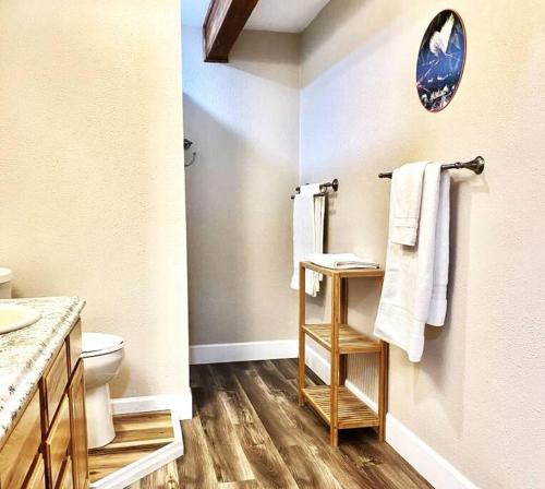 y baño con aseo, toallas y lavamanos. en Hot Tub-Mountain View-Secluded-Entire Private Floor en Seeley Lake