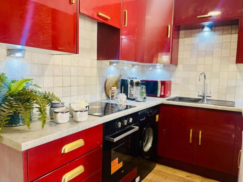 a kitchen with red cabinets and a sink and a dishwasher at New, unique, tiny house with garden in Wigston Magna