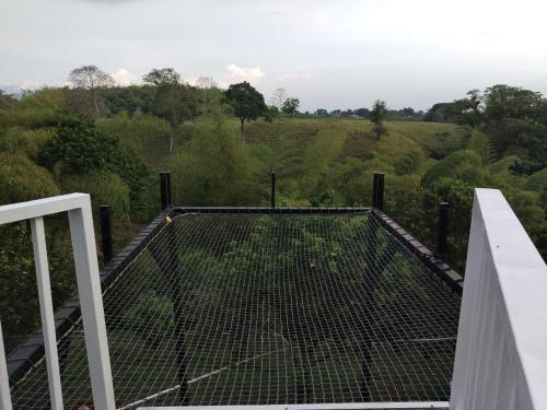a balcony with a view of a field at Finca Hotel los Nogales in Quimbaya