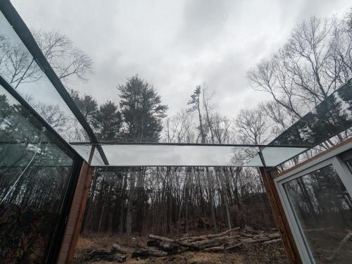 una casa de cristal con árboles en el fondo en The Dome house near Hunter and Hudson, en Catskill