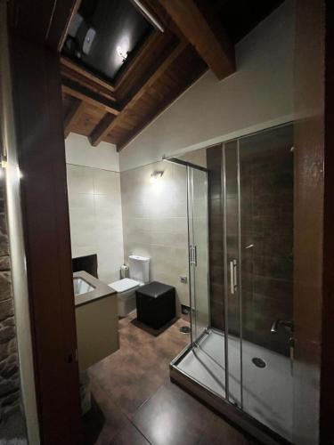 a bathroom with a glass shower and a sink at A MIÑA CASIÑA in Ourense