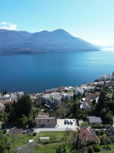 an aerial view of a town next to a body of water at Lake Star in Brissago