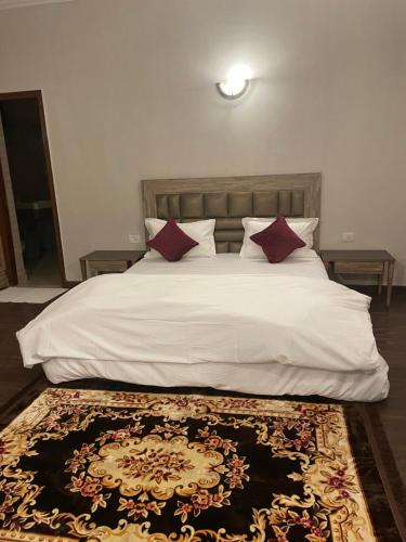 een slaapkamer met een wit bed met rode kussens en een tapijt bij Own stay Chhaterpur in New Delhi