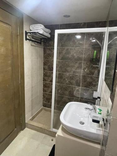 a bathroom with a shower and a white sink at Unique duplex hotel apartment pool view in Cairo