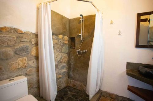 eine Dusche im Bad mit einer Steinmauer in der Unterkunft Santa Cruz Lodge - Asociado Casa Andina in Huata