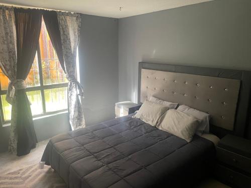 a bedroom with a large bed and a window at Habitación con baño privado exterior in Mexico City