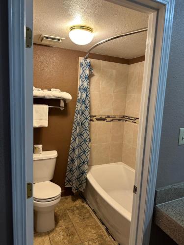 a bathroom with a toilet and a tub and a sink at Star Inn in Tonopah