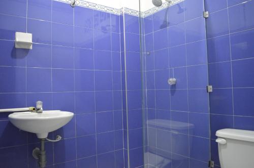 Baño de azulejos azules con aseo y lavamanos en Hotel Terraza, en Girardot