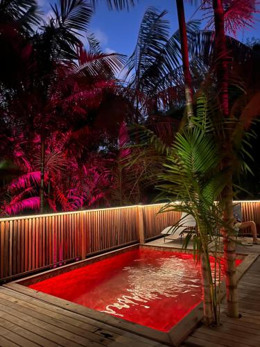 a red pond with a fence and palm trees at Ti Kaz Açaï in Le Lamentin