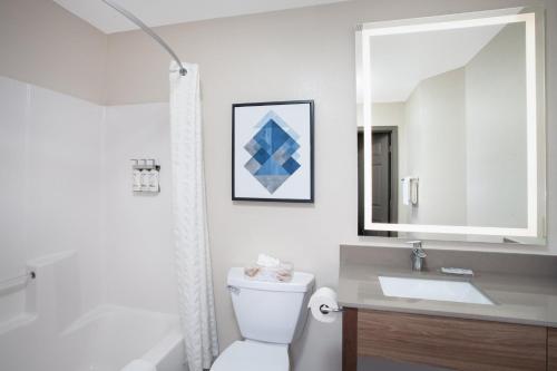 ein Badezimmer mit einem WC, einem Waschbecken und einem Spiegel in der Unterkunft Candlewood Suites Louisville North, an IHG Hotel in Clarksville