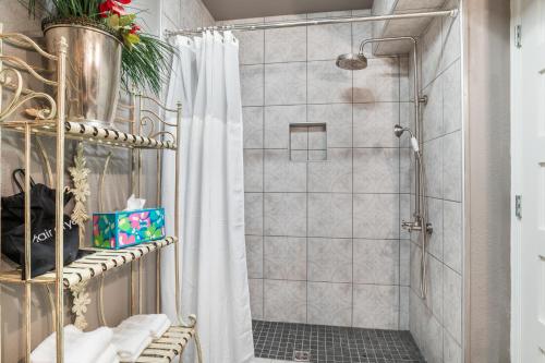 eine Dusche mit Duschvorhang im Bad in der Unterkunft Salt Block - French Serenity Suite 3 in Bandera