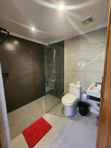 een badkamer met een toilet, een douche en een wastafel bij Villa sutji apartment in Sanur